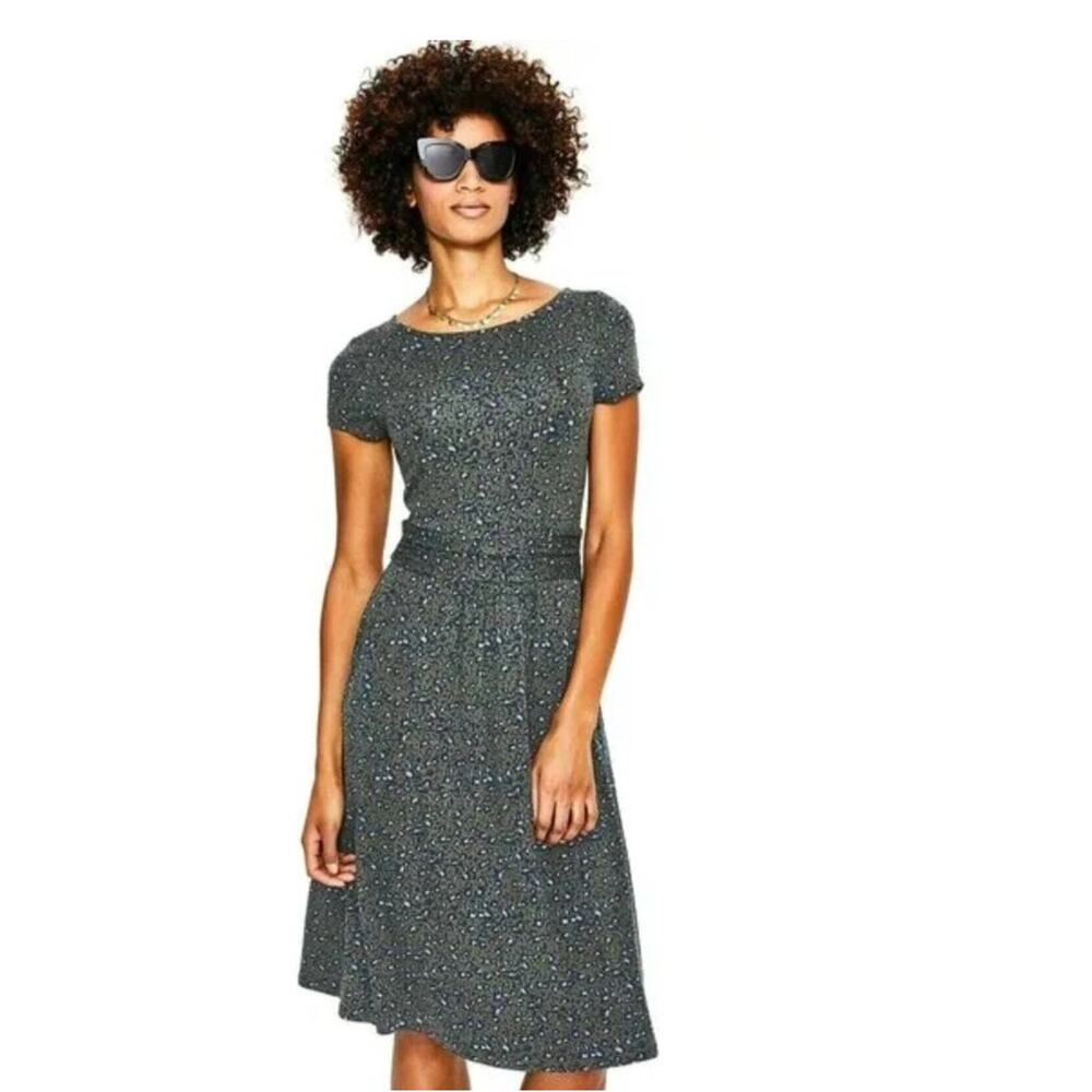 BODEN Sz 6R Amelie Jersey Dress Navy Army Green Leopard
